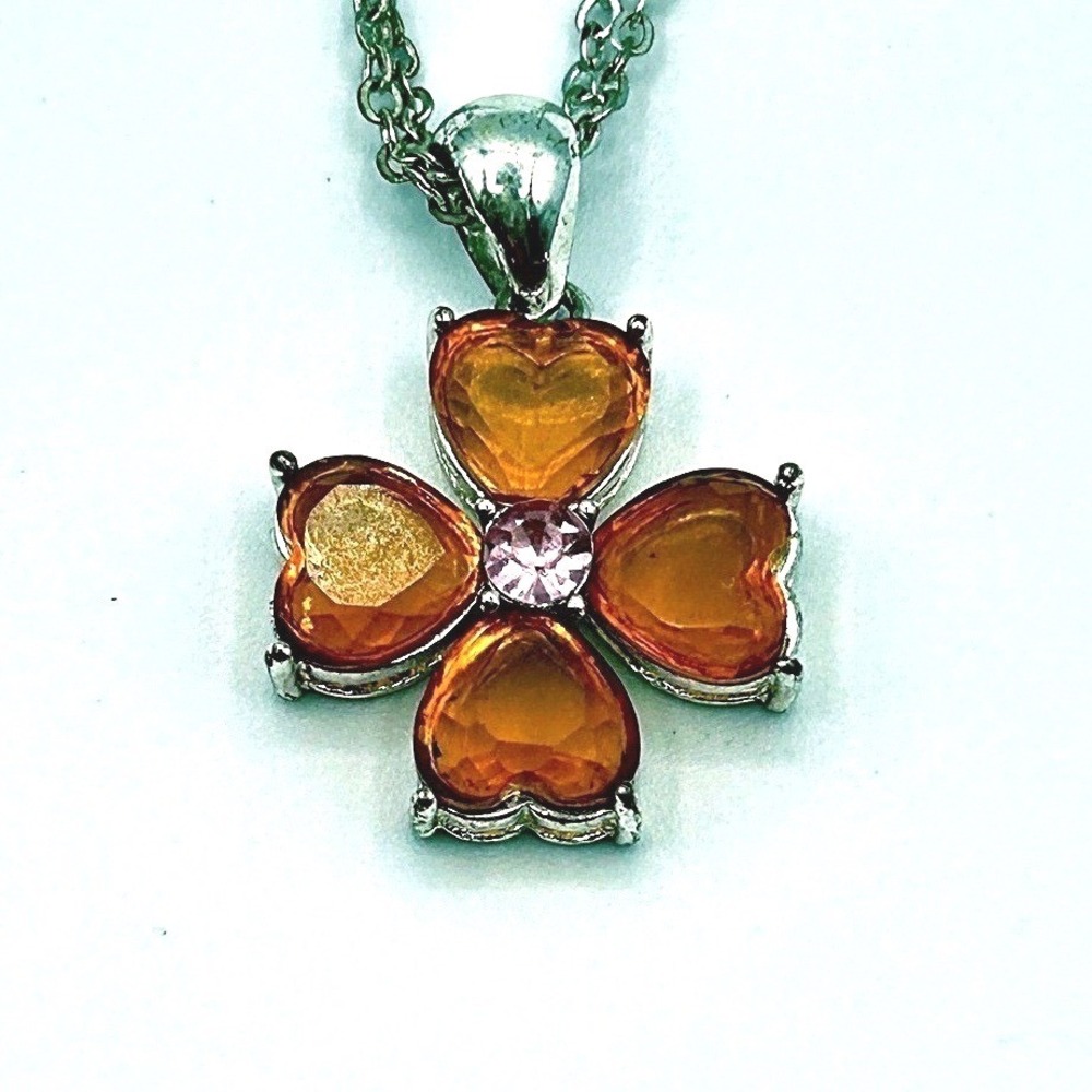 JLO by Jennifer Lopez Clover Pendant Necklace Orange Heart Rhinestone Silver OS